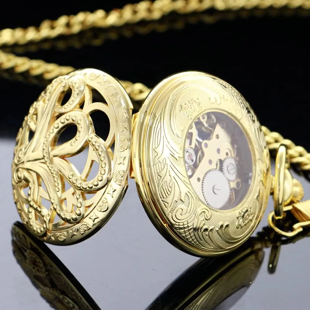 Dentily Hand Winding Hollow Roman Numerals Mechanical Pocket Watch Steampunk Mens Watches