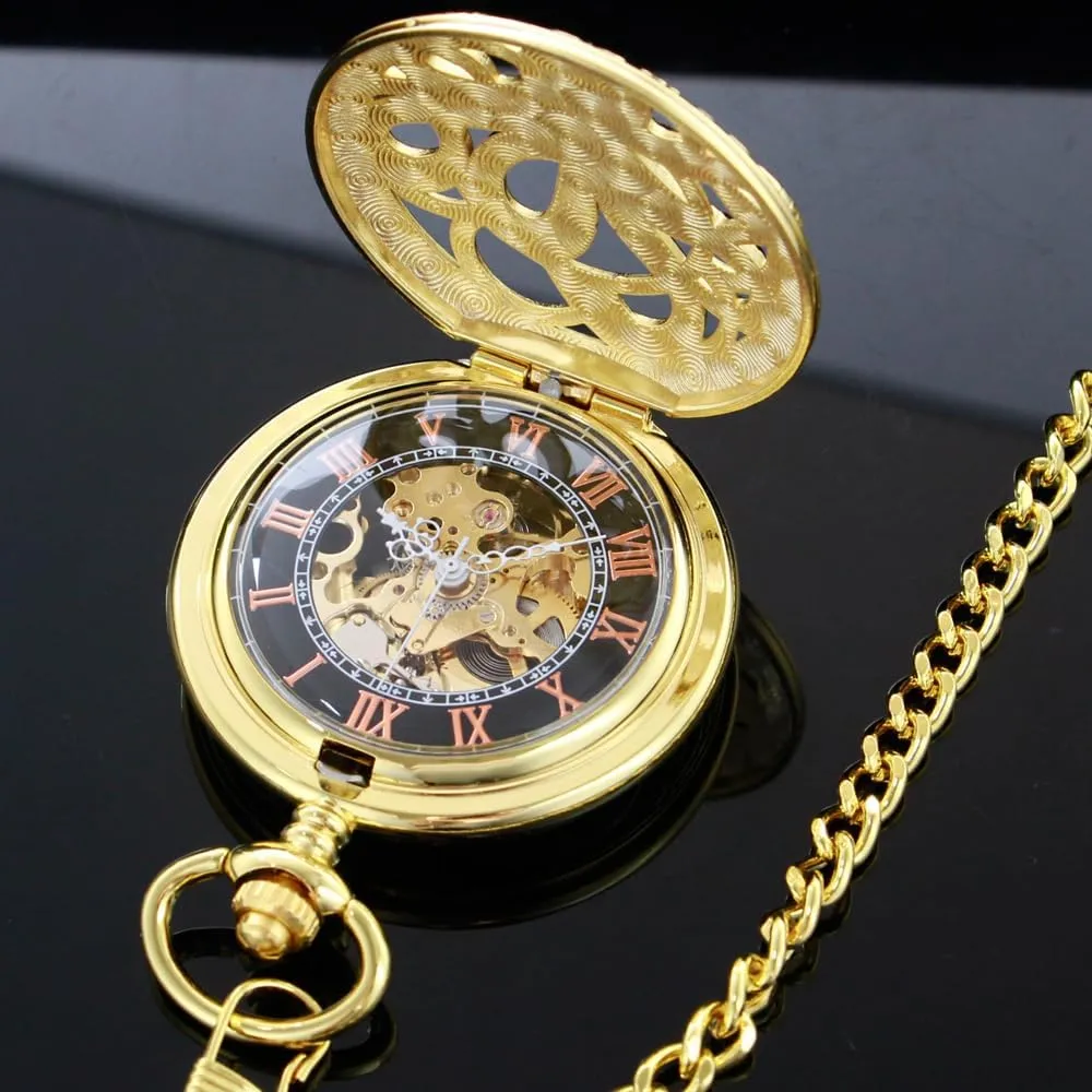 Dentily Hand Winding Hollow Roman Numerals Mechanical Pocket Watch Steampunk Mens Watches