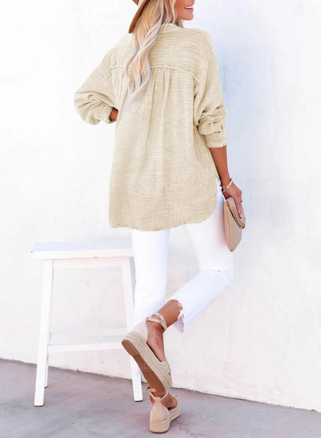 Dokotoo Womens Casual Button V Neck Long Sleeve Shirts Oversized Solid Blouses Tops
