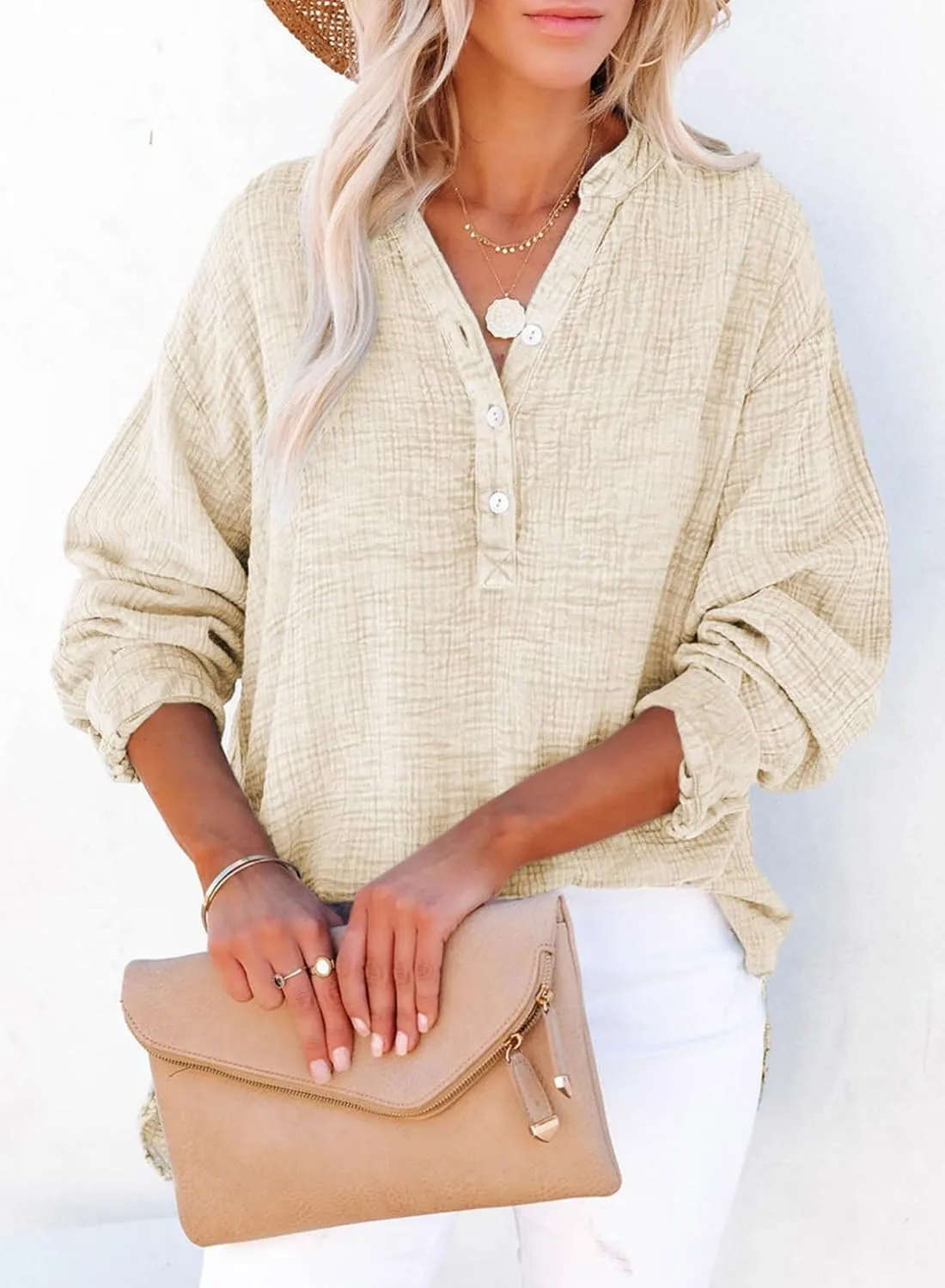 Dokotoo Womens Casual Button V Neck Long Sleeve Shirts Oversized Solid Blouses Tops