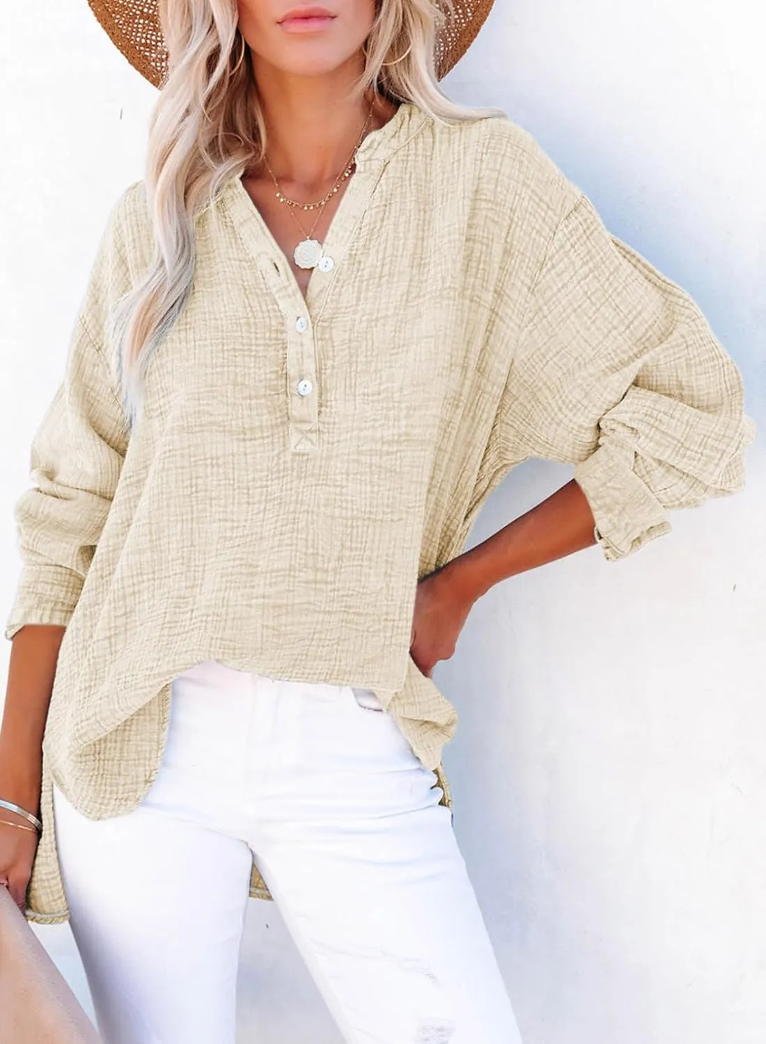 Dokotoo Womens Casual Button V Neck Long Sleeve Shirts Oversized Solid Blouses Tops