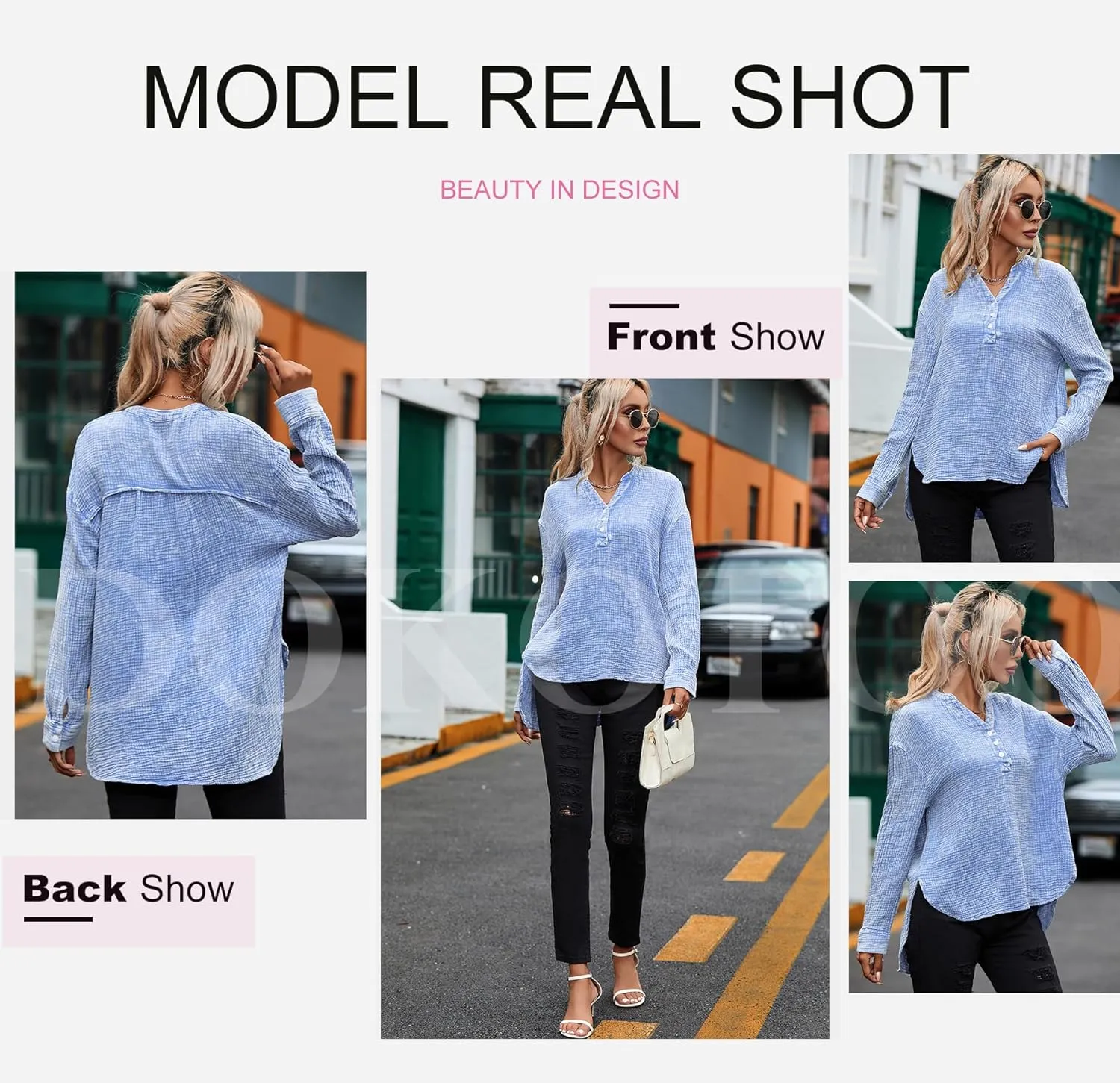 Dokotoo Womens Casual Button V Neck Long Sleeve Shirts Oversized Solid Blouses Tops
