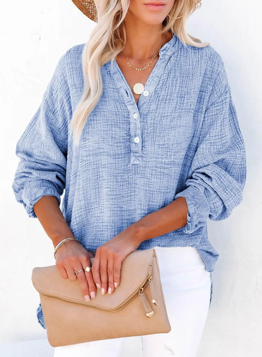 Dokotoo Womens Casual Button V Neck Long Sleeve Shirts Oversized Solid Blouses Tops