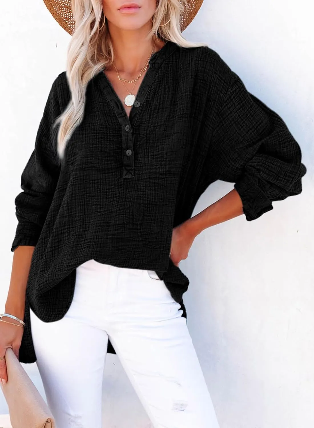 Dokotoo Womens Casual Button V Neck Long Sleeve Shirts Oversized Solid Blouses Tops