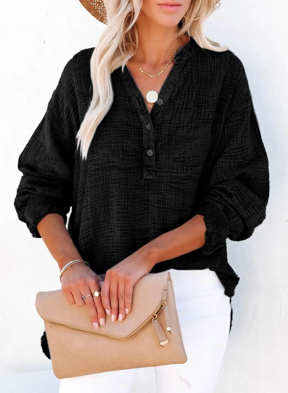 Dokotoo Womens Casual Button V Neck Long Sleeve Shirts Oversized Solid Blouses Tops