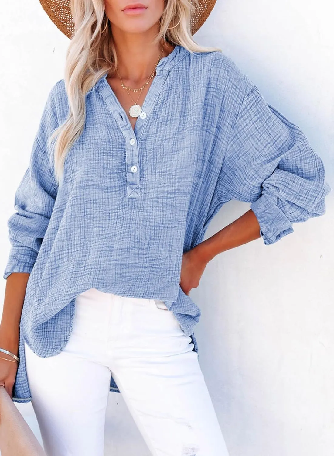 Dokotoo Womens Casual Button V Neck Long Sleeve Shirts Oversized Solid Blouses Tops