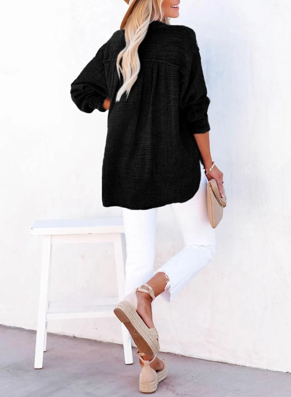 Dokotoo Womens Casual Button V Neck Long Sleeve Shirts Oversized Solid Blouses Tops