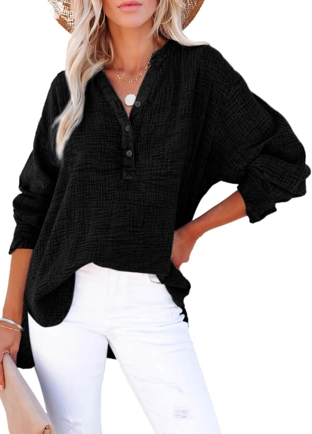 Dokotoo Womens Casual Button V Neck Long Sleeve Shirts Oversized Solid Blouses Tops