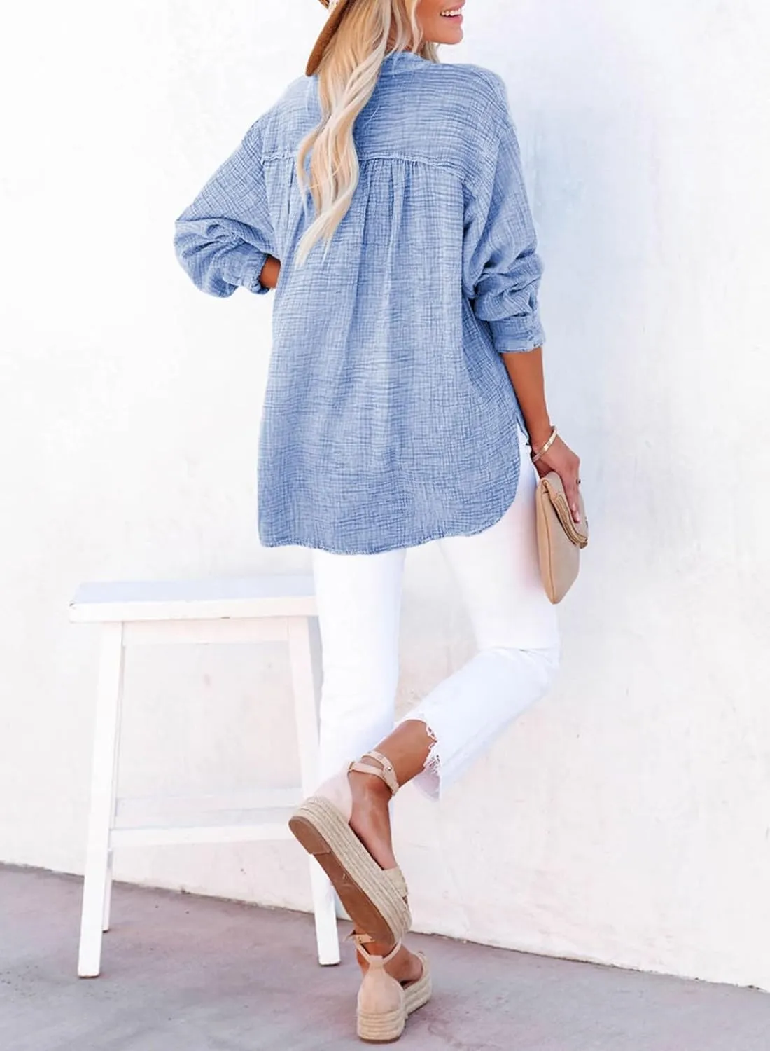Dokotoo Womens Casual Button V Neck Long Sleeve Shirts Oversized Solid Blouses Tops