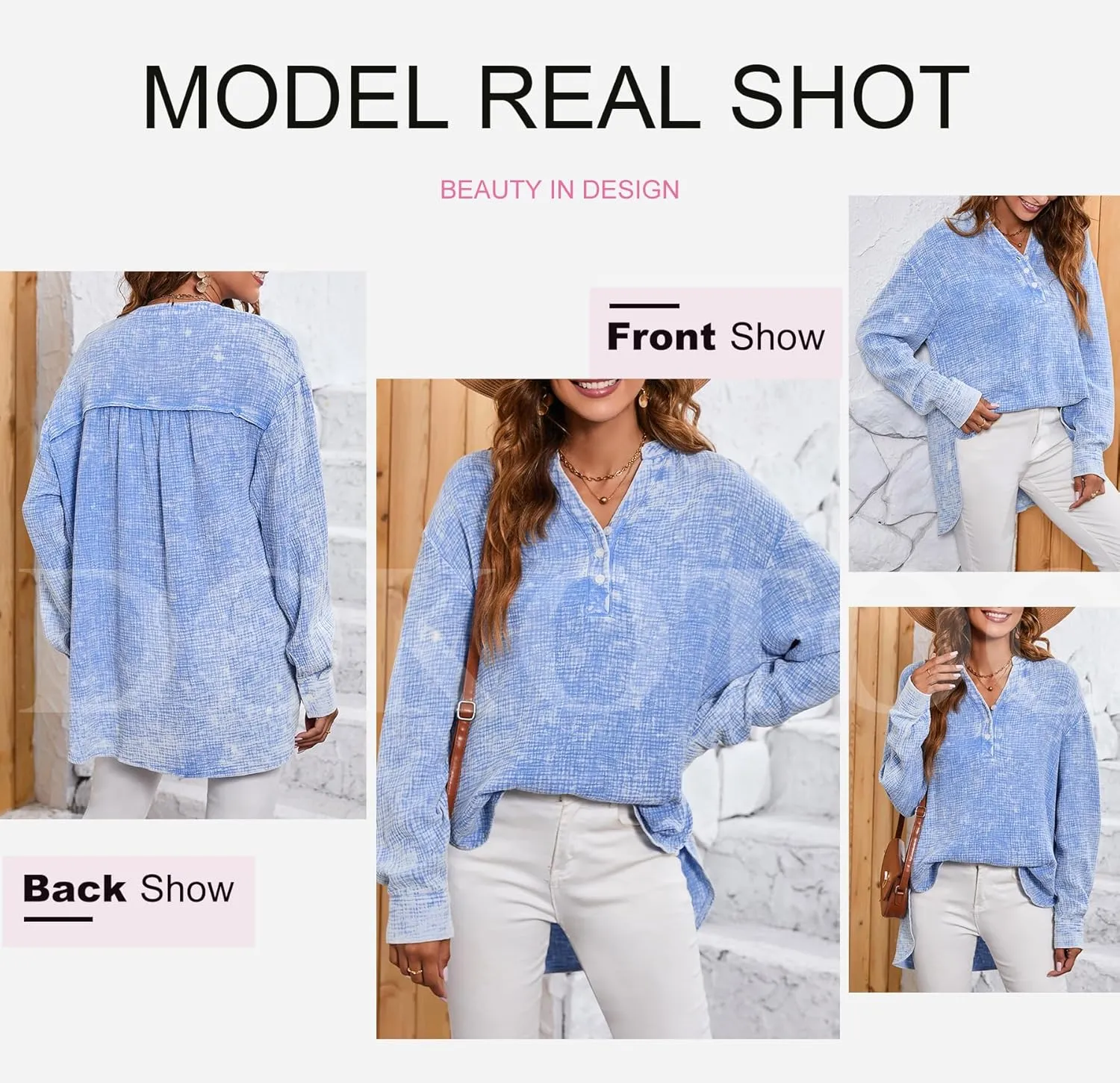 Dokotoo Womens Casual Button V Neck Long Sleeve Shirts Oversized Solid Blouses Tops