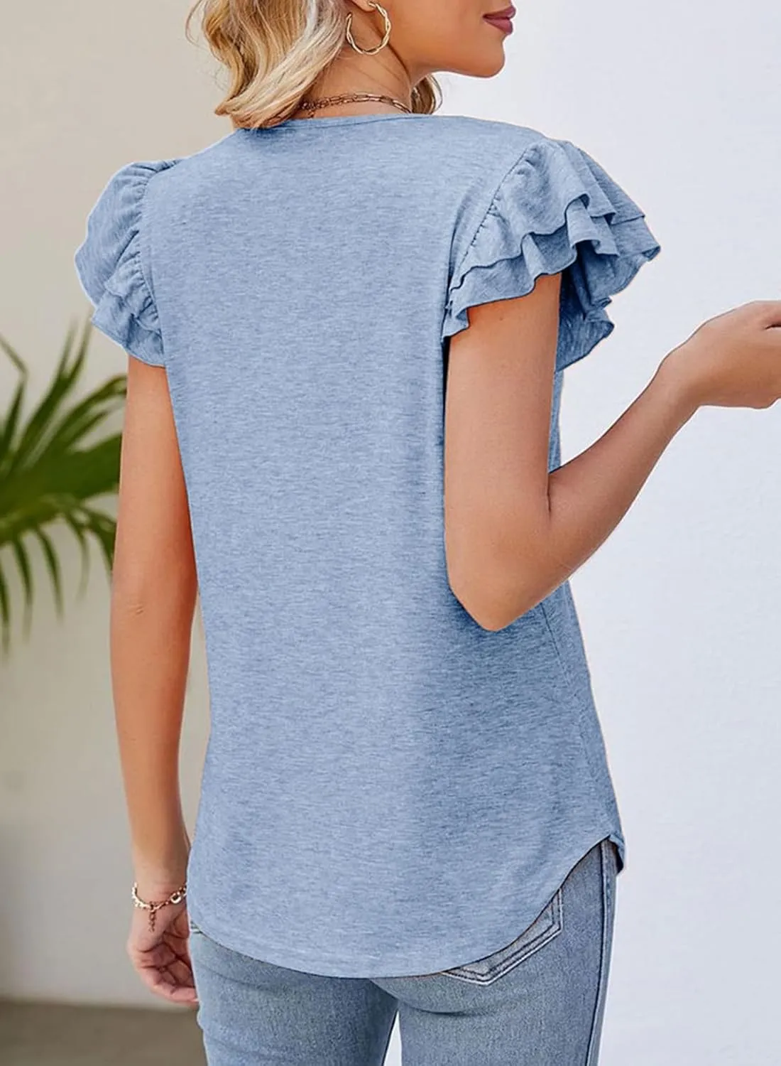 Dokotoo Women's Casual Ruffle Short Sleeve Tops Cute Solid Color Knit Ribbed T Shirts Blouses