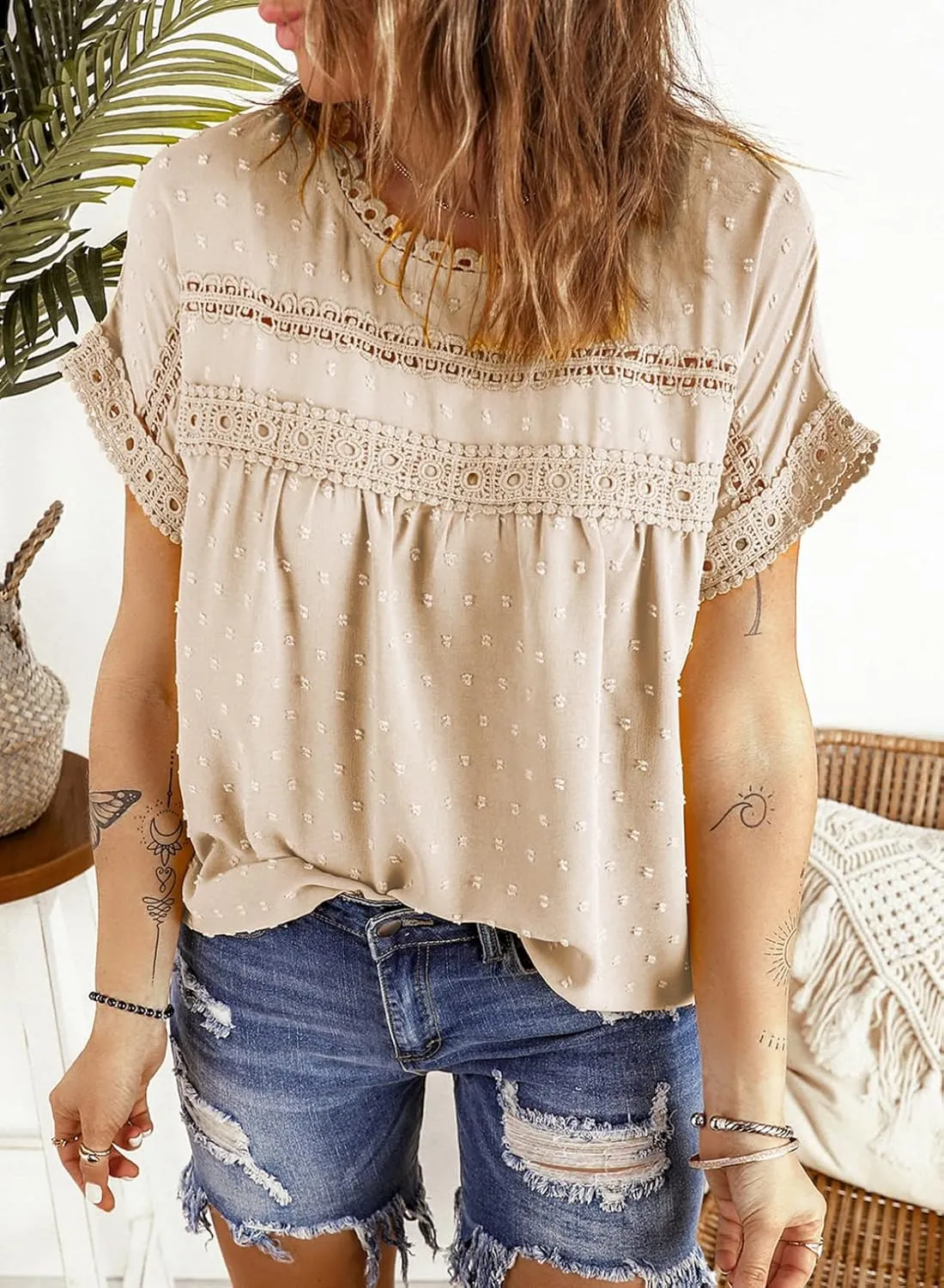 Dokotoo Womens Summer Tops Crewneck Lace Crochet Short Sleeve Shirts Casual Chiffon Blouses