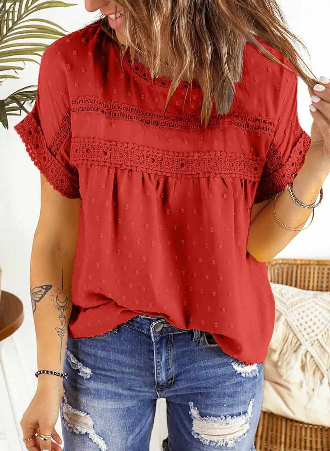 Dokotoo Womens Summer Tops Crewneck Lace Crochet Short Sleeve Shirts Casual Chiffon Blouses