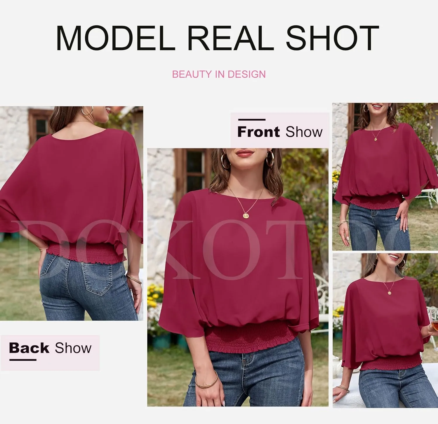 Dokotoo Womens Tops Dressy Casual 3/4 Sleeve Tops Crewneck Business Casual Chiffon Blouses
