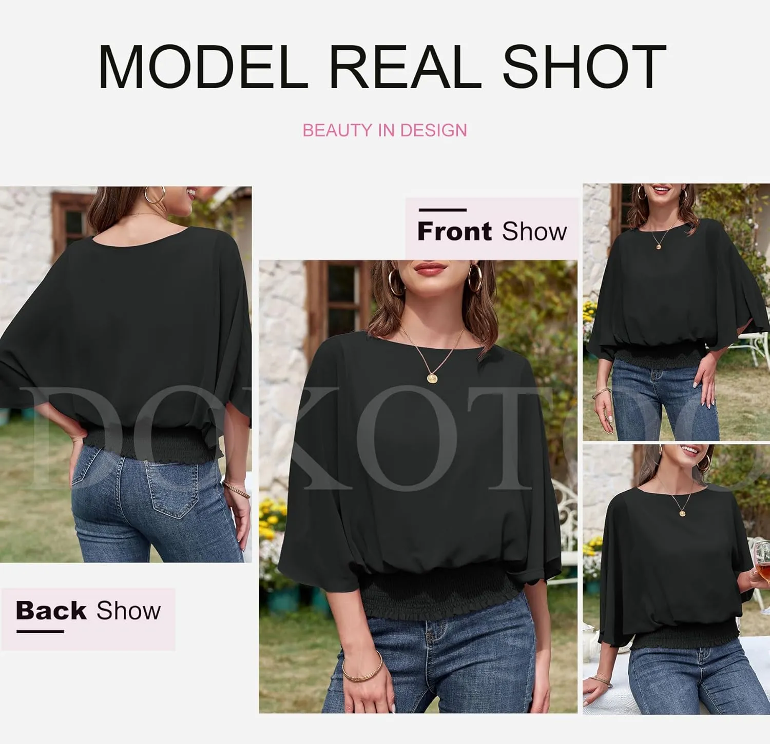 Dokotoo Womens Tops Dressy Casual 3/4 Sleeve Tops Crewneck Business Casual Chiffon Blouses