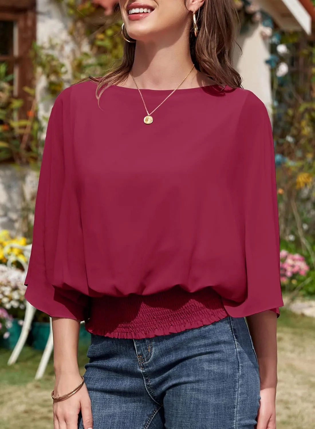 Dokotoo Womens Tops Dressy Casual 3/4 Sleeve Tops Crewneck Business Casual Chiffon Blouses