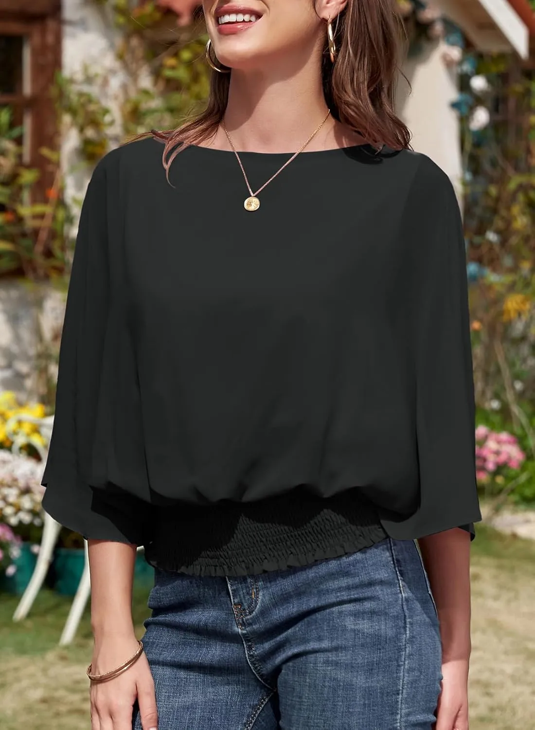 Dokotoo Womens Tops Dressy Casual 3/4 Sleeve Tops Crewneck Business Casual Chiffon Blouses