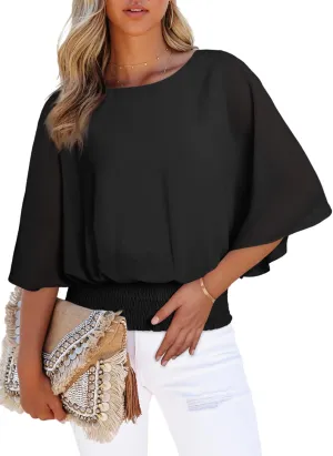 Dokotoo Womens Tops Dressy Casual 3/4 Sleeve Tops Crewneck Business Casual Chiffon Blouses