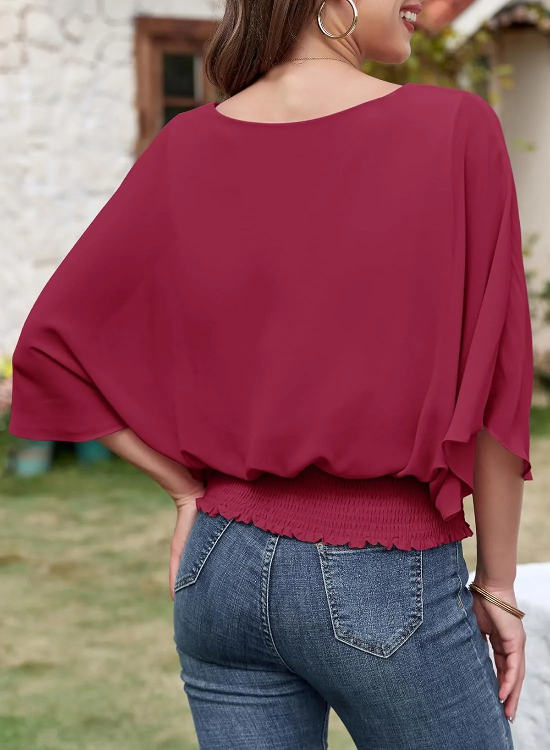 Dokotoo Womens Tops Dressy Casual 3/4 Sleeve Tops Crewneck Business Casual Chiffon Blouses