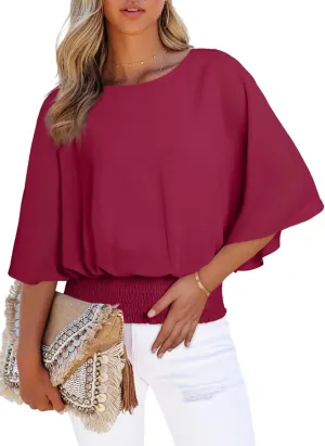 Dokotoo Womens Tops Dressy Casual 3/4 Sleeve Tops Crewneck Business Casual Chiffon Blouses