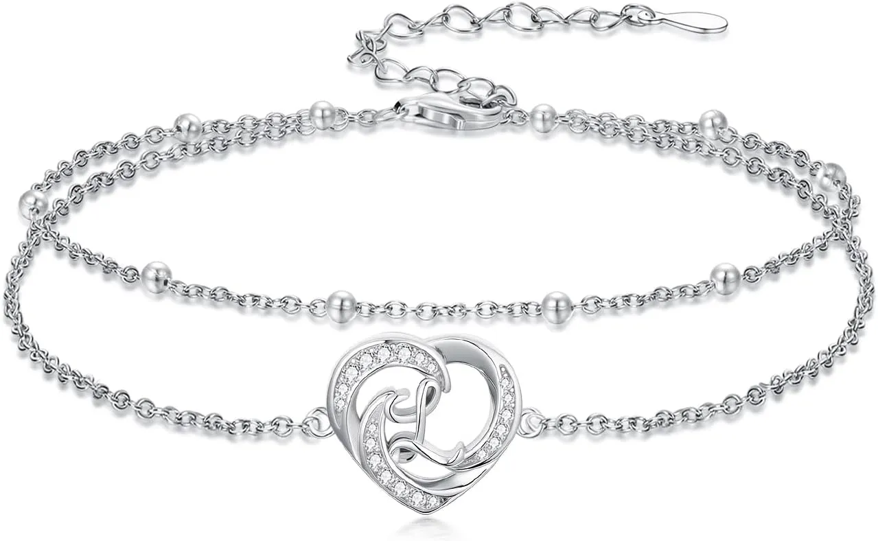 Dorunmo Initial Anklet 925 Sterling Silver Letter A-Z Layered Heart Anklet Beach Jewelry Birthday Gifts for Women