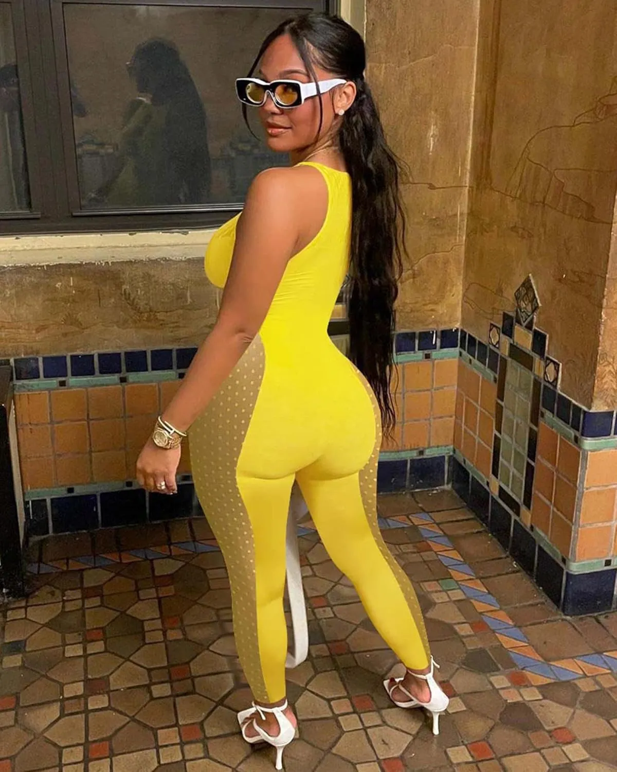 Doweha Sexy Mesh Short Jumpsuits for Women Summer Sleeveless Bodycon Party Club Romper Glitter Rhinestone Up Polka Dot Outfit