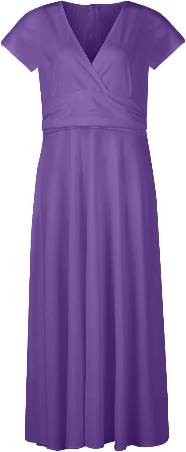 Dresses for Women 2024 Cap Sleeve Flowy Sundresses Elegant Wrap V Neck Long Dresses Floral Print Loose Maxi Dress