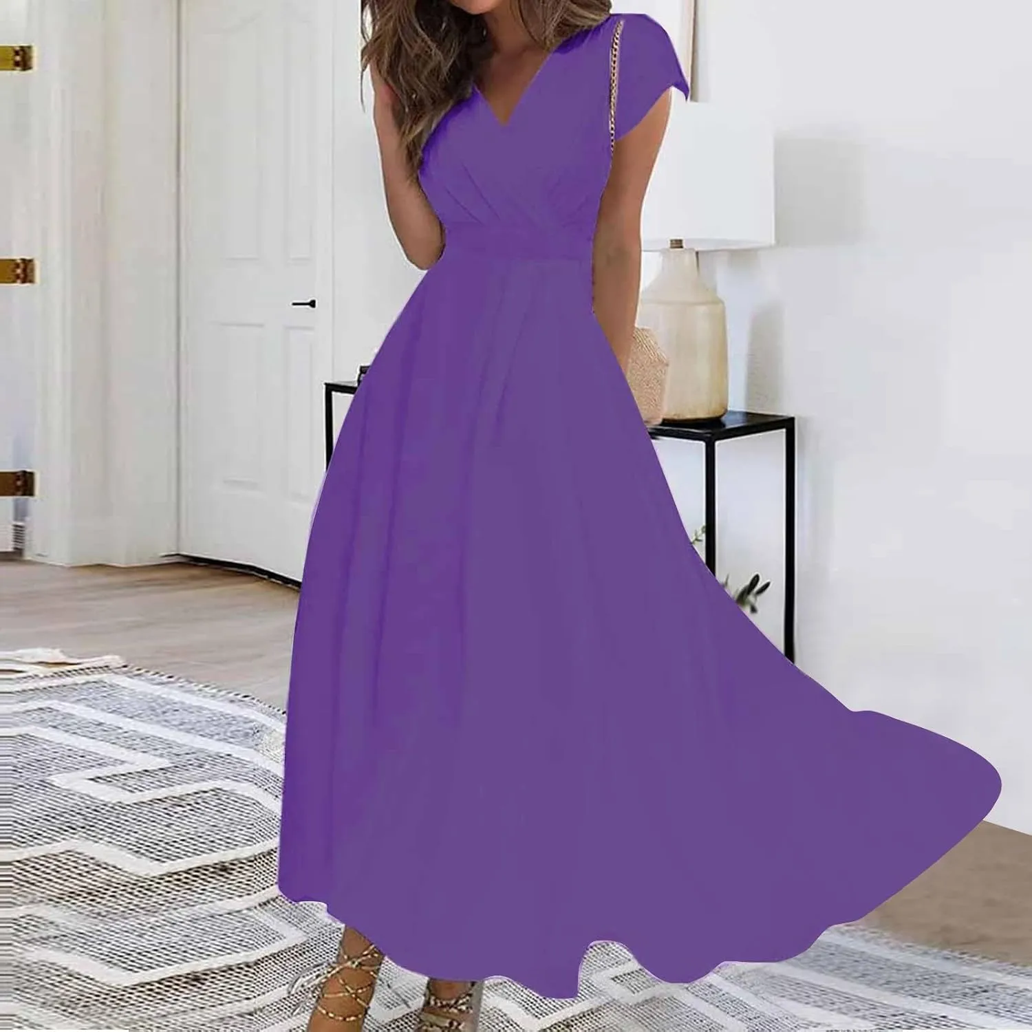 Dresses for Women 2024 Cap Sleeve Flowy Sundresses Elegant Wrap V Neck Long Dresses Floral Print Loose Maxi Dress