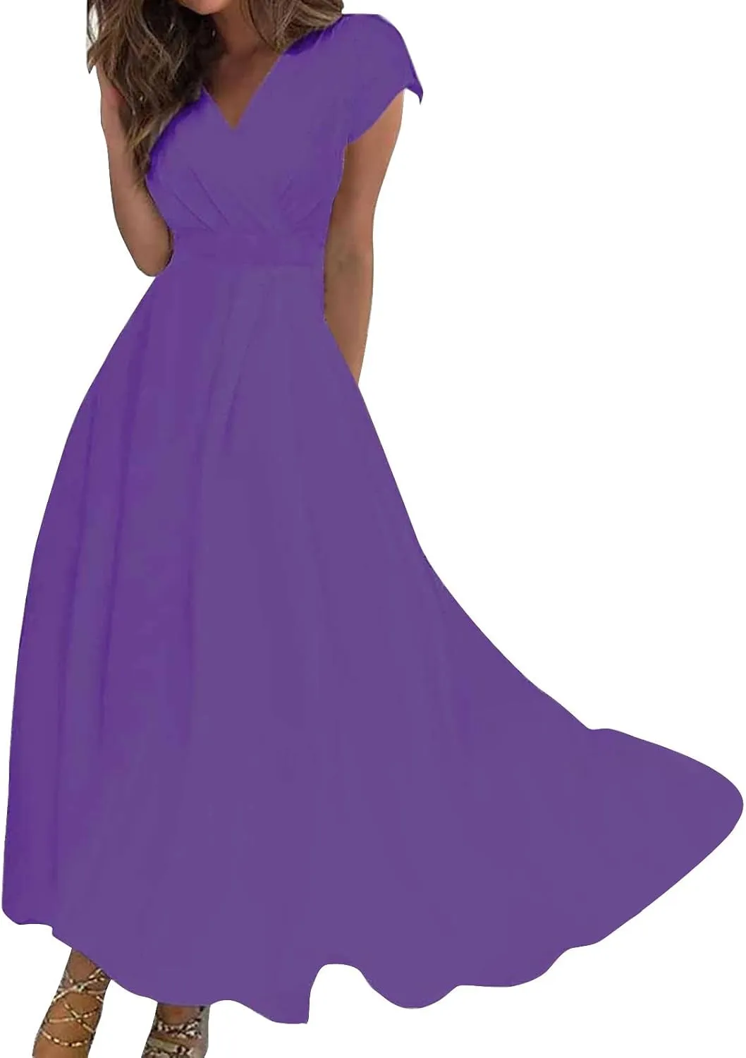 Dresses for Women 2024 Cap Sleeve Flowy Sundresses Elegant Wrap V Neck Long Dresses Floral Print Loose Maxi Dress