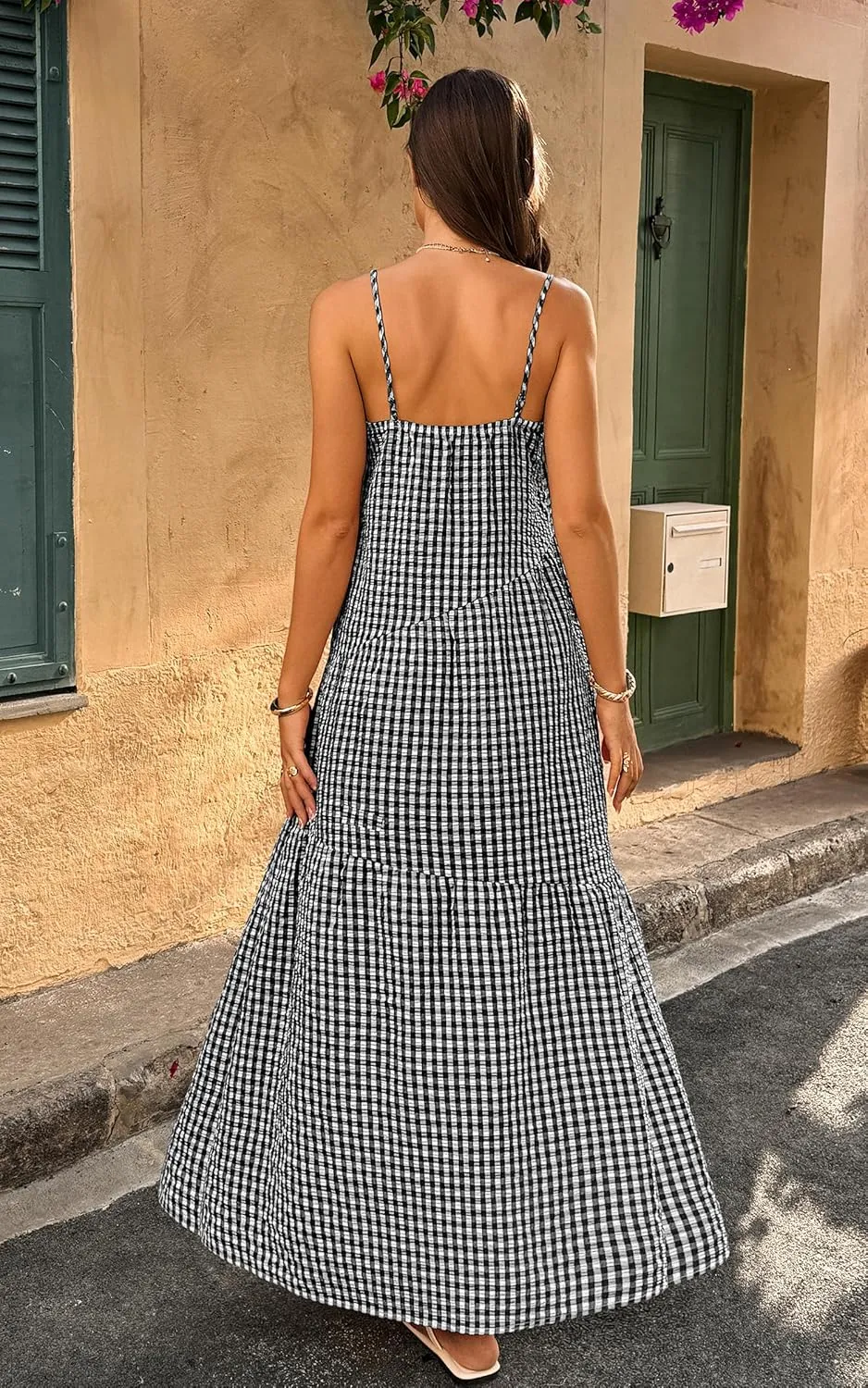 ECOWISH Women Sleeveless Maxi Dress: Summer Spaghetti Strap Casual Loose Boho Beach Dress Asymmetric Tiered Flowy Long Dress