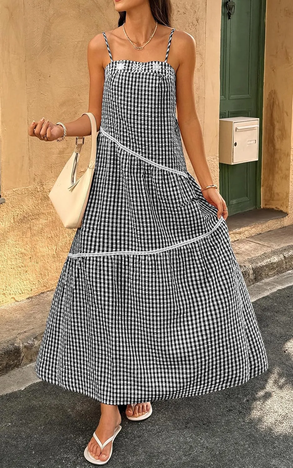 ECOWISH Women Sleeveless Maxi Dress: Summer Spaghetti Strap Casual Loose Boho Beach Dress Asymmetric Tiered Flowy Long Dress