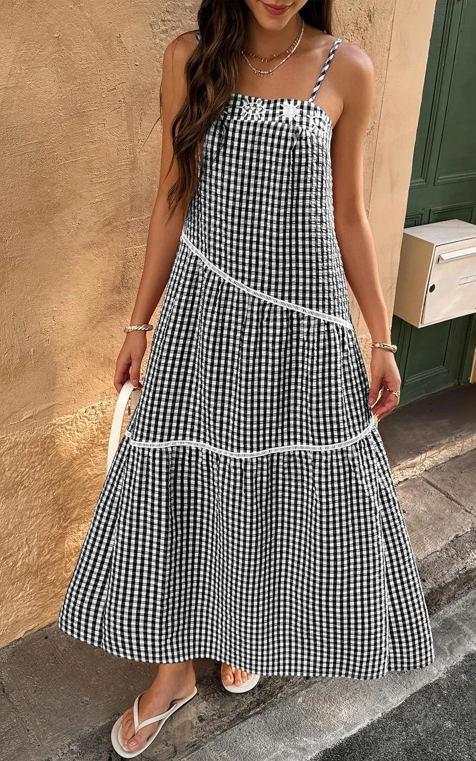 ECOWISH Women Sleeveless Maxi Dress: Summer Spaghetti Strap Casual Loose Boho Beach Dress Asymmetric Tiered Flowy Long Dress