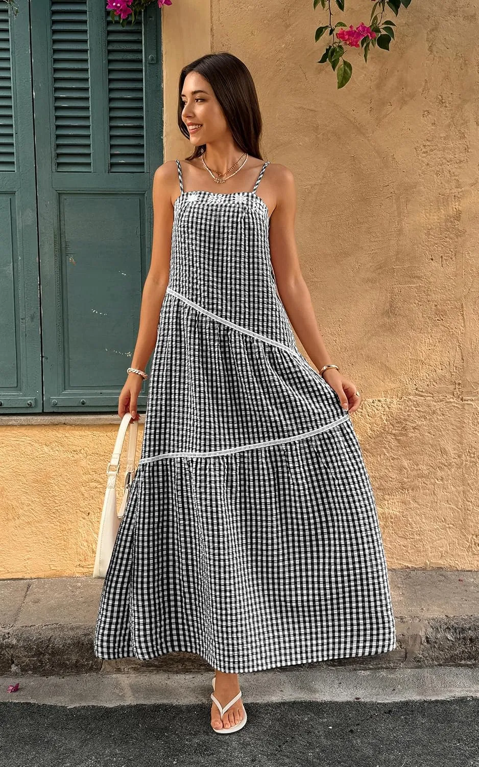 ECOWISH Women Sleeveless Maxi Dress: Summer Spaghetti Strap Casual Loose Boho Beach Dress Asymmetric Tiered Flowy Long Dress