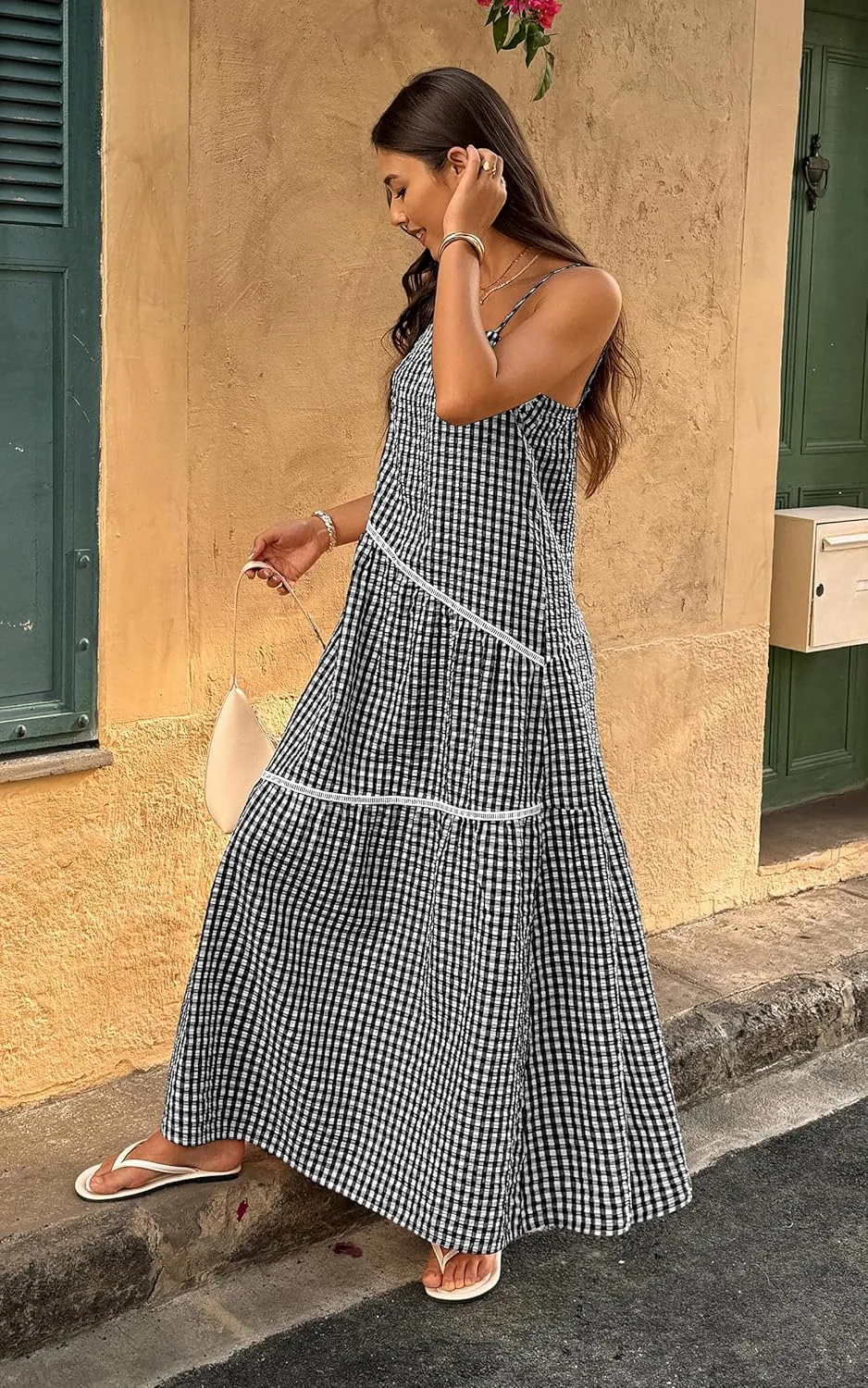 ECOWISH Women Sleeveless Maxi Dress: Summer Spaghetti Strap Casual Loose Boho Beach Dress Asymmetric Tiered Flowy Long Dress