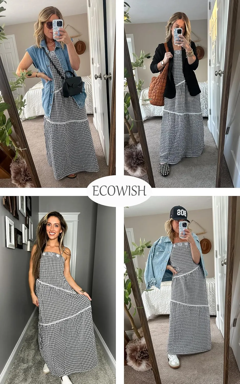 ECOWISH Women Sleeveless Maxi Dress: Summer Spaghetti Strap Casual Loose Boho Beach Dress Asymmetric Tiered Flowy Long Dress