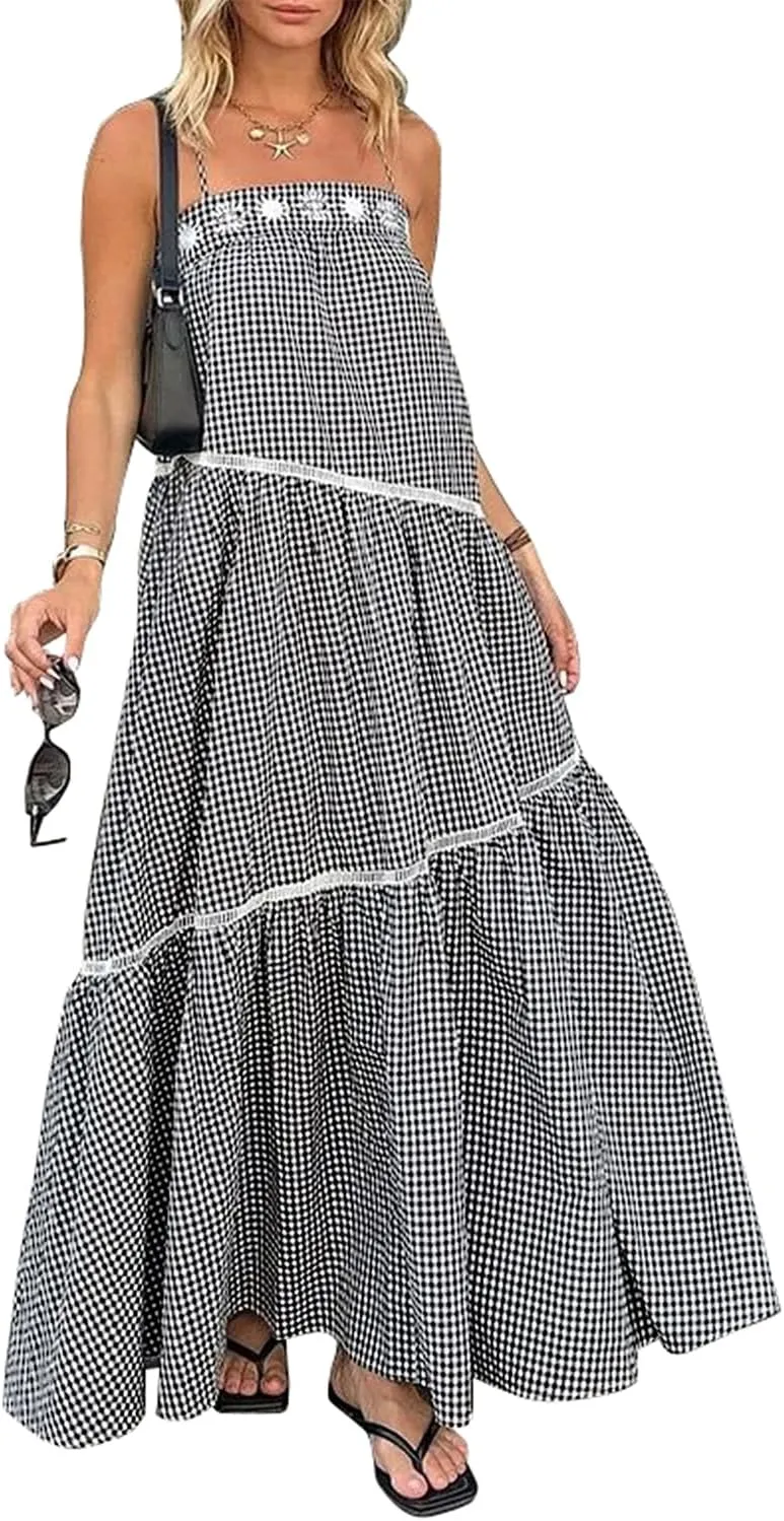 ECOWISH Women Sleeveless Maxi Dress: Summer Spaghetti Strap Casual Loose Boho Beach Dress Asymmetric Tiered Flowy Long Dress
