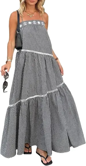 ECOWISH Women Sleeveless Maxi Dress: Summer Spaghetti Strap Casual Loose Boho Beach Dress Asymmetric Tiered Flowy Long Dress