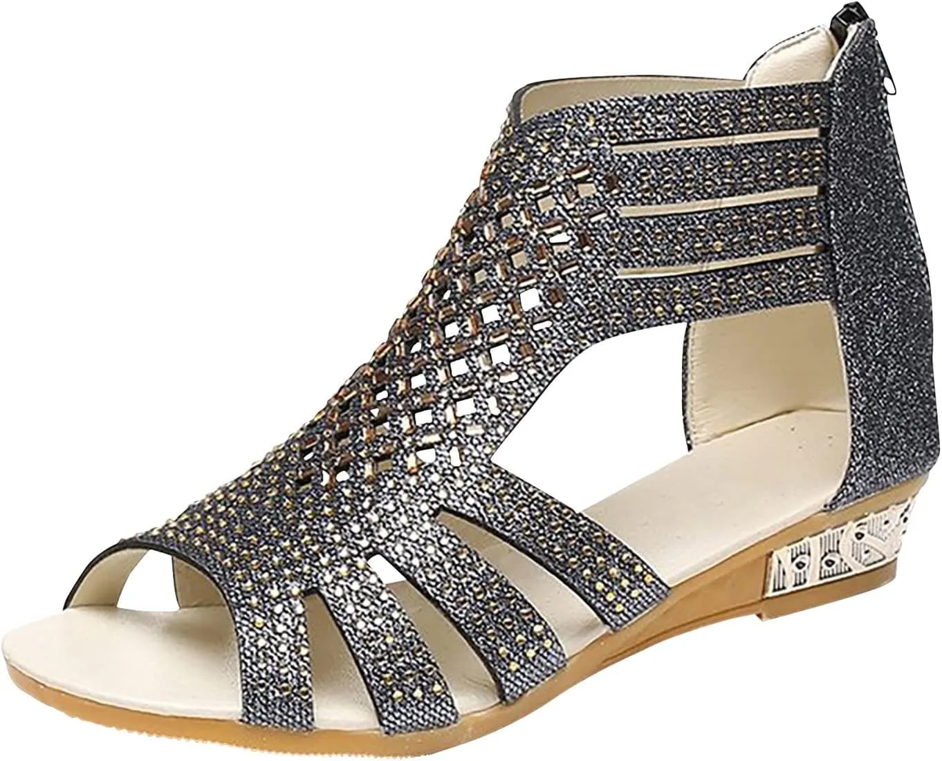 Eduavar Sandals for Women Casual Summer, Wedge Sandals for Women Fashion Rhinestone Open Toe Low Wedge Sandals Zip Up Shoes