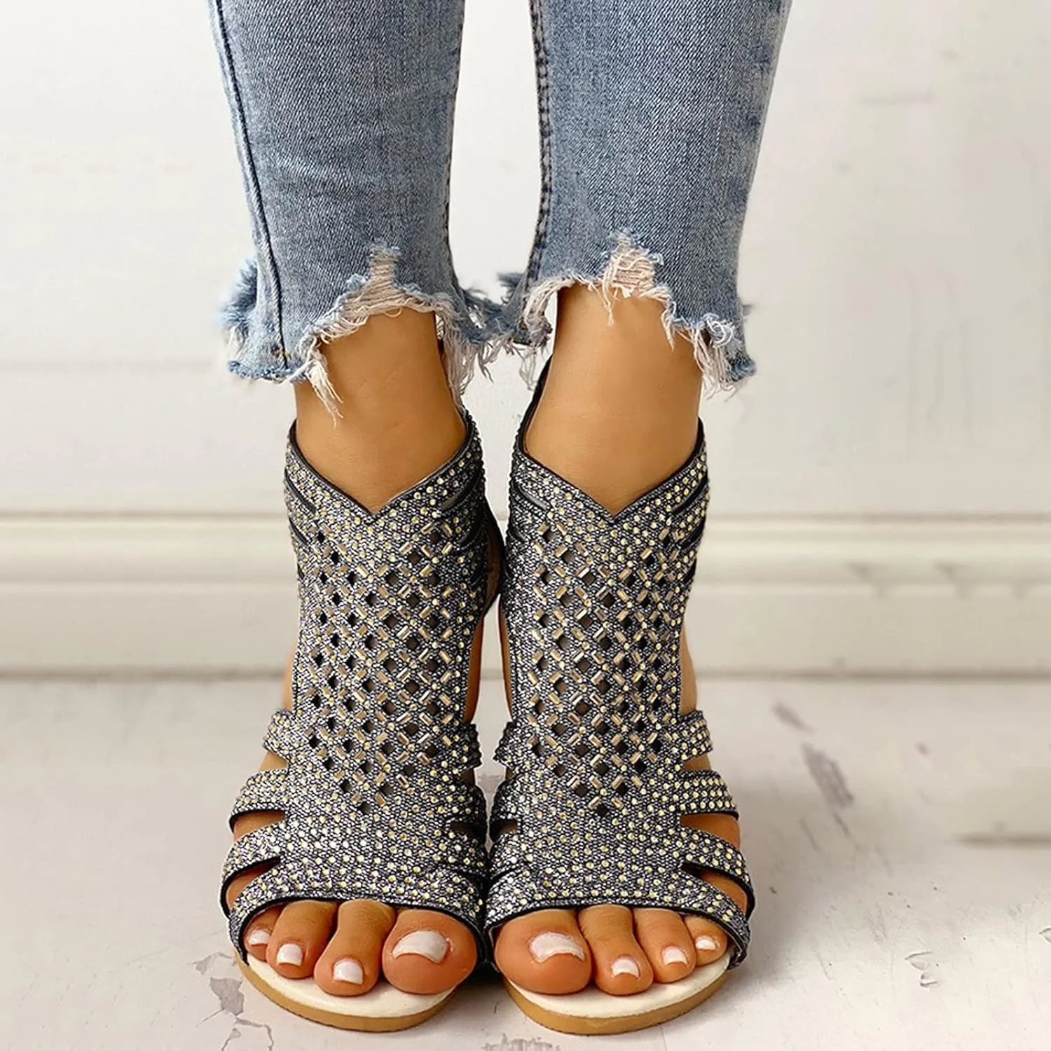 Eduavar Sandals for Women Casual Summer, Wedge Sandals for Women Fashion Rhinestone Open Toe Low Wedge Sandals Zip Up Shoes