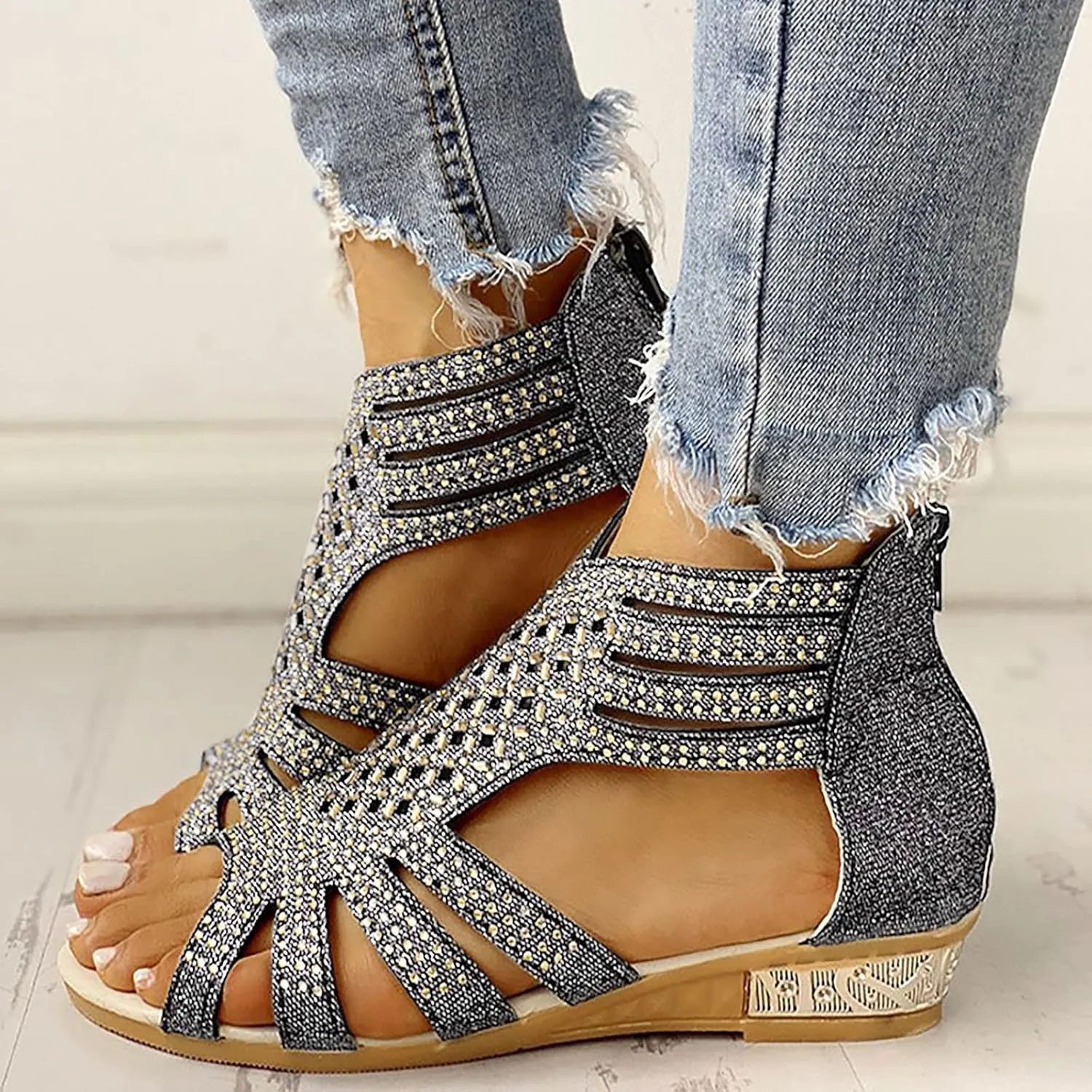 Eduavar Sandals for Women Casual Summer, Wedge Sandals for Women Fashion Rhinestone Open Toe Low Wedge Sandals Zip Up Shoes