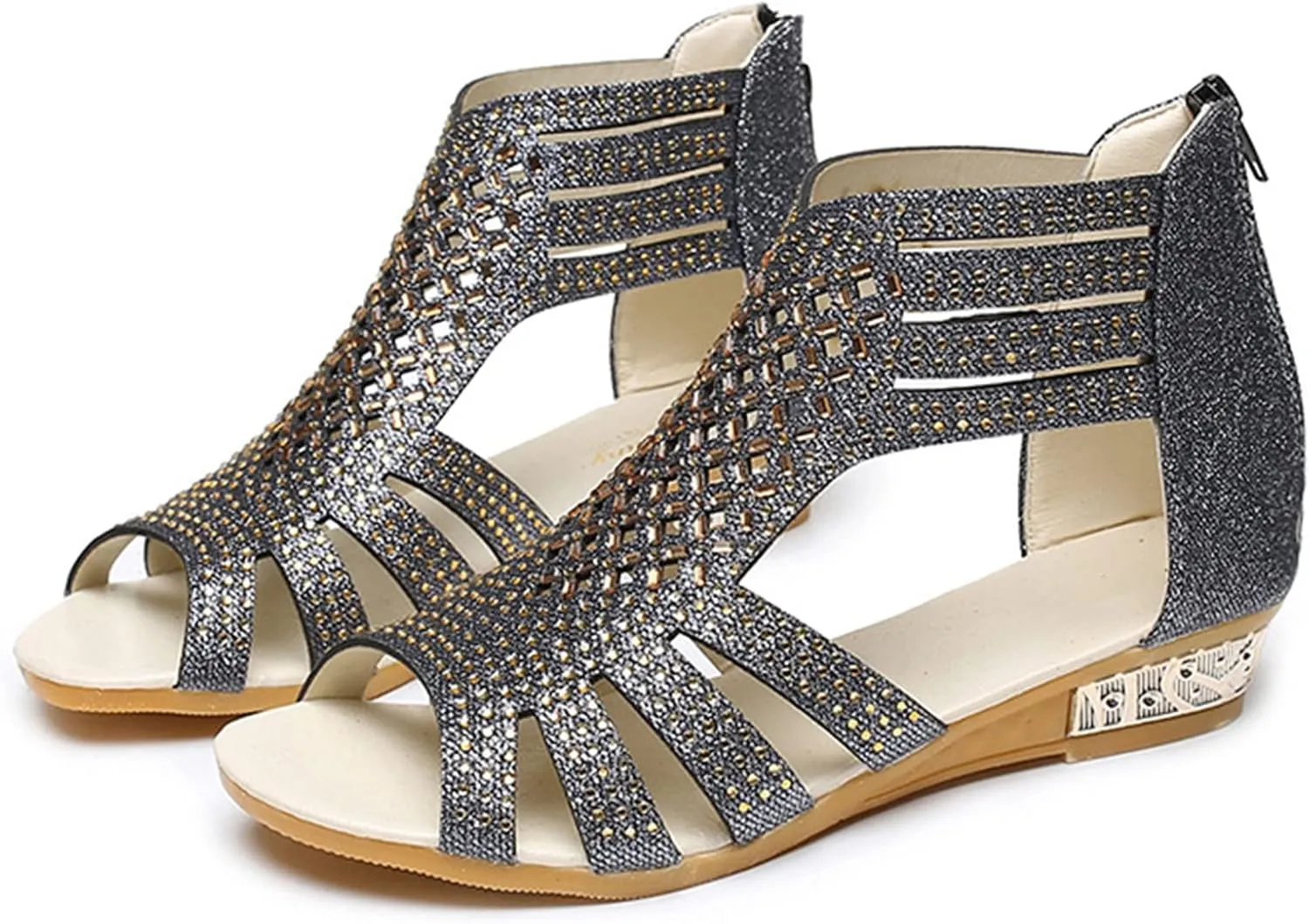 Eduavar Sandals for Women Casual Summer, Wedge Sandals for Women Fashion Rhinestone Open Toe Low Wedge Sandals Zip Up Shoes