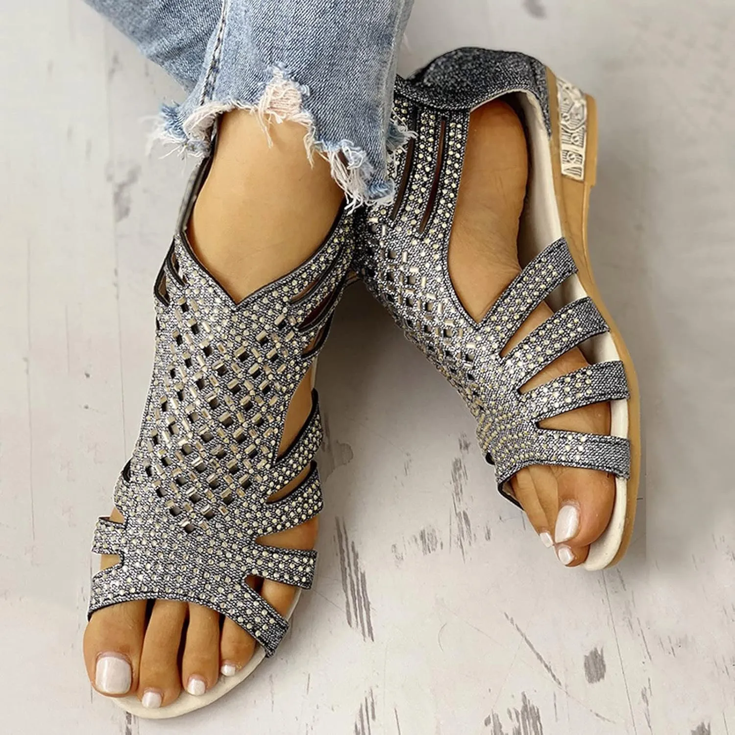 Eduavar Sandals for Women Casual Summer, Wedge Sandals for Women Fashion Rhinestone Open Toe Low Wedge Sandals Zip Up Shoes