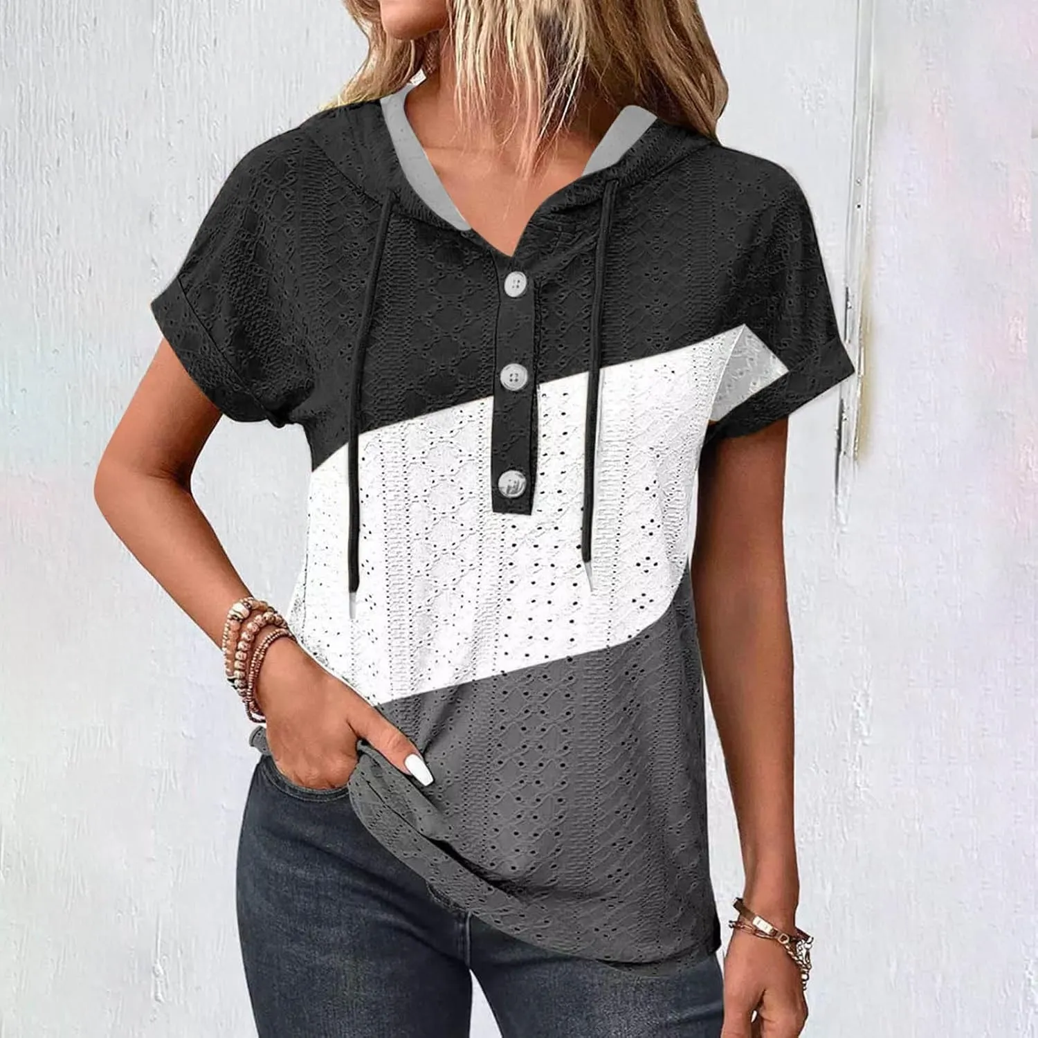 Eyelet Tops for Women 2025 Trendy Summer Hoodies Short Sleeve Button Up Casual Loose Fit Embroidery Shirts Blouses