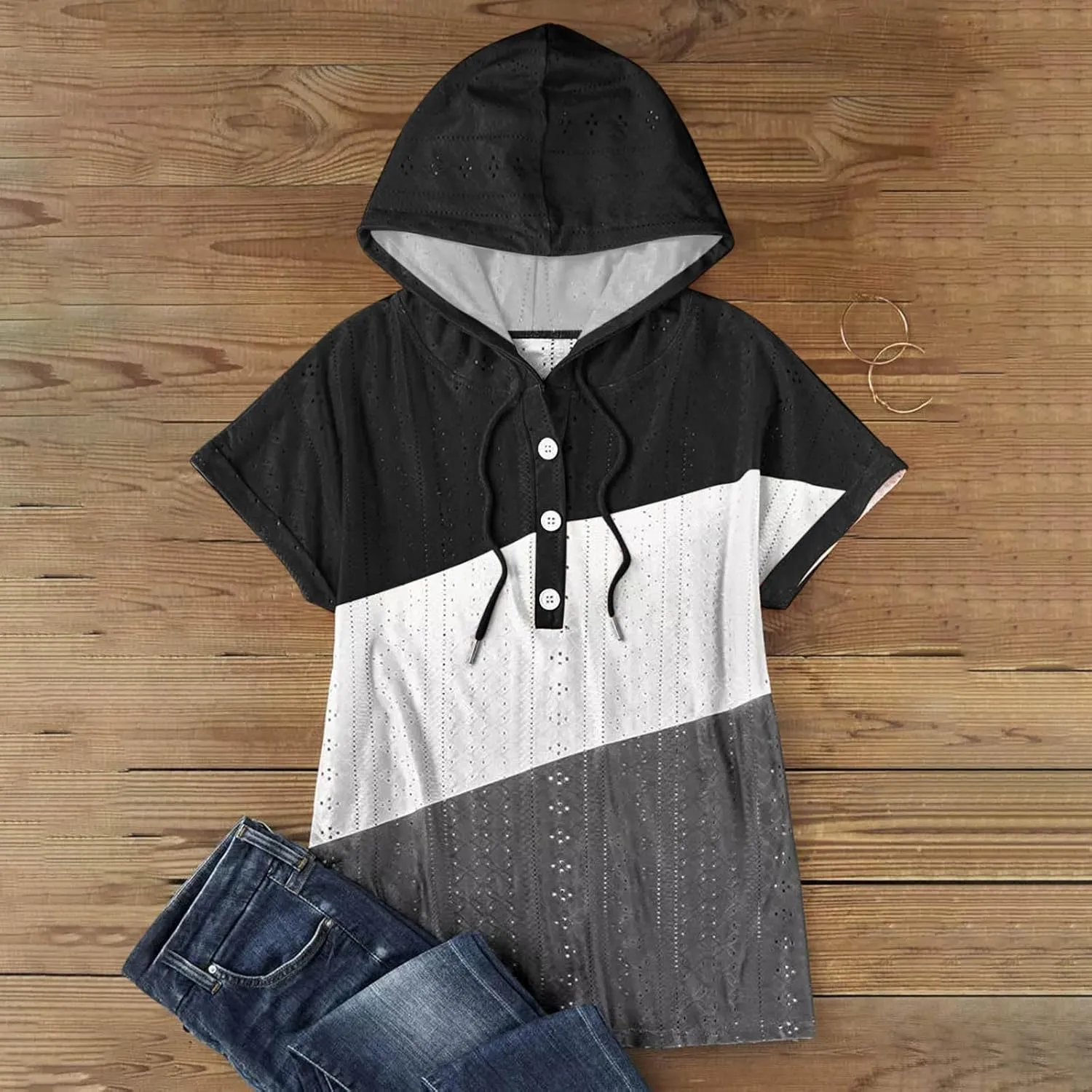 Eyelet Tops for Women 2025 Trendy Summer Hoodies Short Sleeve Button Up Casual Loose Fit Embroidery Shirts Blouses