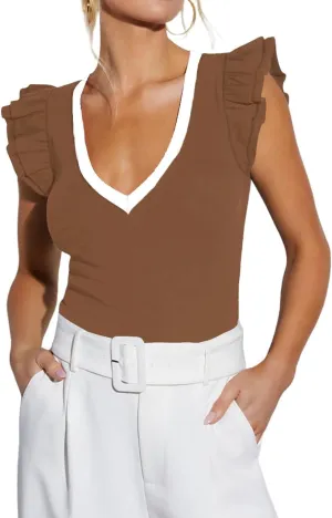 Ezbelle Women's Summer Sleeveless Tops V Neck Ruffle Shirts Ribbed Knit Tank Top Sexy Blouse Ladies Clothes 2025