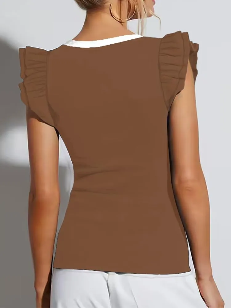 Ezbelle Women's Summer Sleeveless Tops V Neck Ruffle Shirts Ribbed Knit Tank Top Sexy Blouse Ladies Clothes 2025