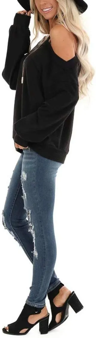 Ezbelle Womens Sweaters Oversized Long Sleeve Cold Shoulder Tops Shirt Tunic Sweatshirt