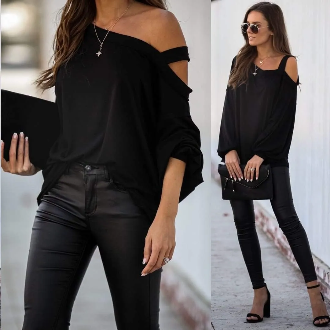 Ezbelle Womens Sweaters Oversized Long Sleeve Cold Shoulder Tops Shirt Tunic Sweatshirt