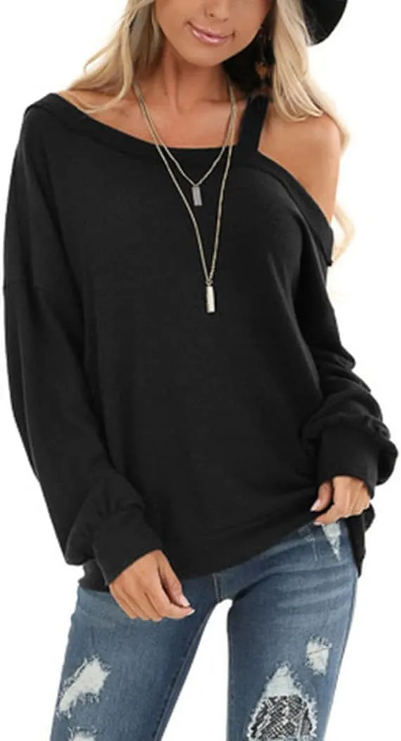 Ezbelle Womens Sweaters Oversized Long Sleeve Cold Shoulder Tops Shirt Tunic Sweatshirt