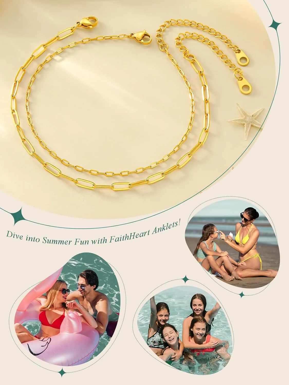 FaithHeart 1/2/3Pcs Ankle Bracelets for Women, Waterproof Layered Anklet Set Paperclip Figaro Cuban Link Chain Dainty Summer Beach Jewelry Gift for Women Adjustable Size